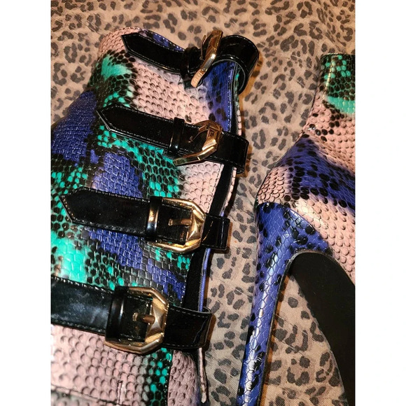 Women's Size US 6 Multicolor Snake Pattern Buckle Open Toe High Heels (SSS) - Picture 5 of 9